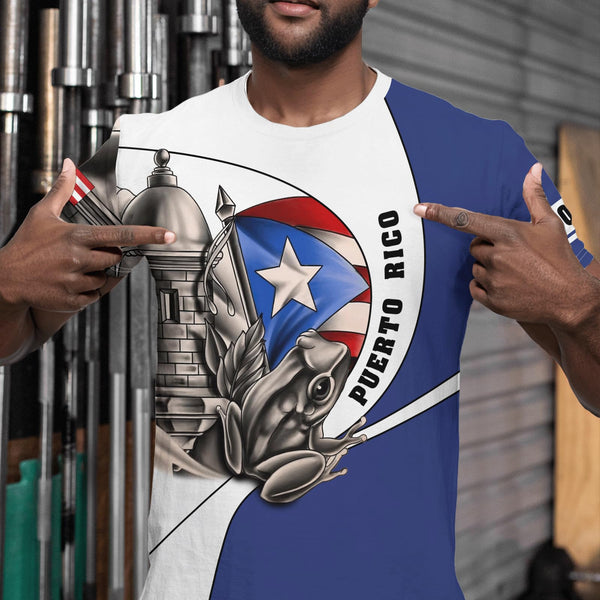 Puerto Rico t-shirt featuring a patriotic design with the Puerto Rican flag, a traditional Taino sun symbol, and intricate cultural patterns, perfect for showcasing pride and style in 2025.