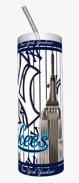 New York Yankees stainless steel tumblers featuring team logo, Empire State Building, and stadium artwork, perfect MLB fan drinkware gift