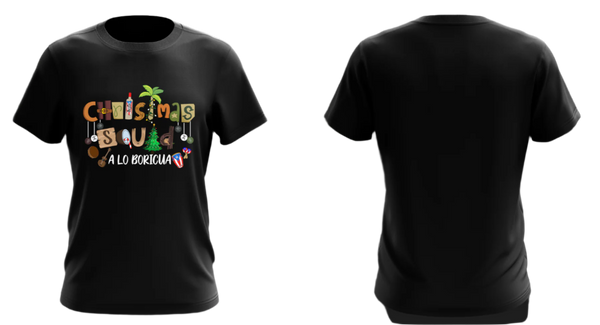 Stylish black T-shirt with a vibrant "Christmas a lo Boricua" design featuring tropical elements and Puerto Rican flag accents, perfect for holiday celebrations with a cultural twist.