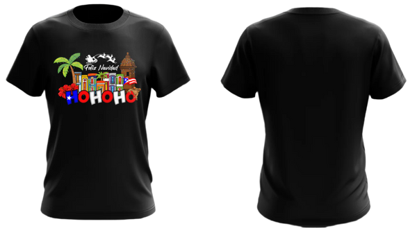 Festive black T-shirt with a vibrant "Feliz Navidad" and "HOHOHO" design, featuring tropical palm trees, Puerto Rican flags, and a Santa sleigh, perfect for holiday celebrations with a cultural flair.