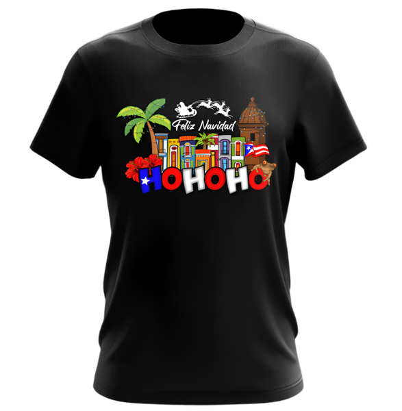Festive black T-shirt with a vibrant "Feliz Navidad" and "HOHOHO" design, featuring tropical palm trees, Puerto Rican flags, and a Santa sleigh, perfect for holiday celebrations with a cultural flair.