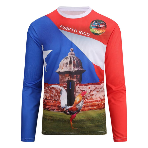 Vibrant Puerto Rico long-sleeve t-shirt with flag colors, a historic stone structure, a colorful rooster, and a coqui frog emblem, ideal for showcasing island heritage in 2025.