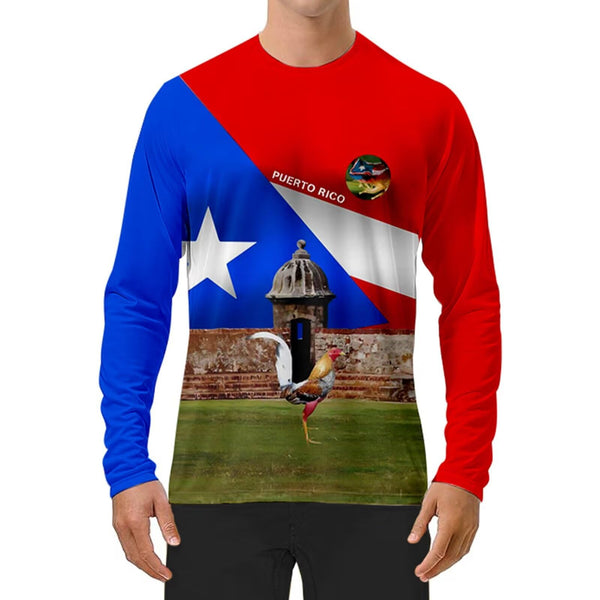 Vibrant Puerto Rico long-sleeve t-shirt with flag colors, a historic stone structure, a colorful rooster, and a coqui frog emblem, ideal for showcasing island heritage in 2025.