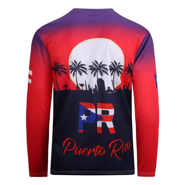 Stylish Puerto Rico long-sleeve t-shirt with a stunning sunset gradient, palm trees, city skyline, and "PR" with the Puerto Rican flag, perfect for showcasing island pride in 2025.