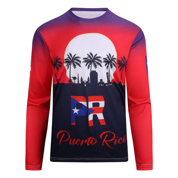 Stylish Puerto Rico long-sleeve t-shirt with a stunning sunset gradient, palm trees, city skyline, and "PR" with the Puerto Rican flag, perfect for showcasing island pride in 2025.