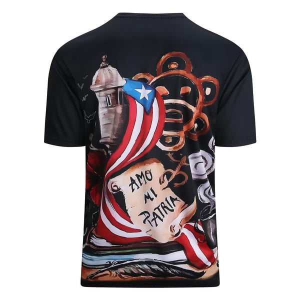 Stylish black Puerto Rico t-shirt with a vibrant patriotic design featuring a historic tower, Puerto Rican flag, Taino sun symbol, and "AMO A MI PATRIA" scroll, perfect for expressing cultural pride in 2025.