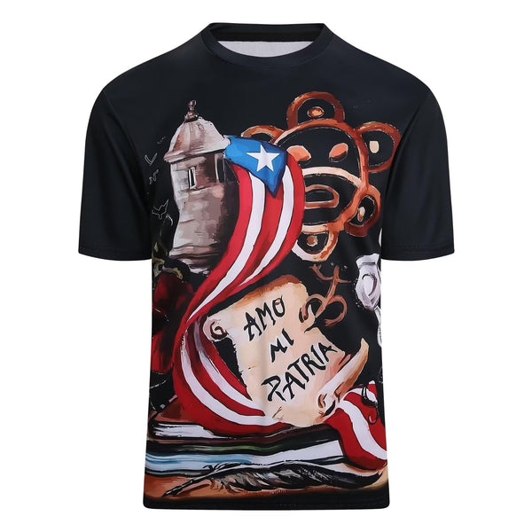 Stylish black Puerto Rico t-shirt with a vibrant patriotic design featuring a historic tower, Puerto Rican flag, Taino sun symbol, and "AMO A MI PATRIA" scroll, perfect for expressing cultural pride in 2025.