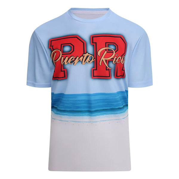 Stylish light blue Puerto Rico t-shirt with bold "PR" and "Puerto Rico" text over a serene beach and ocean wave design, perfect for island pride in 2025.
