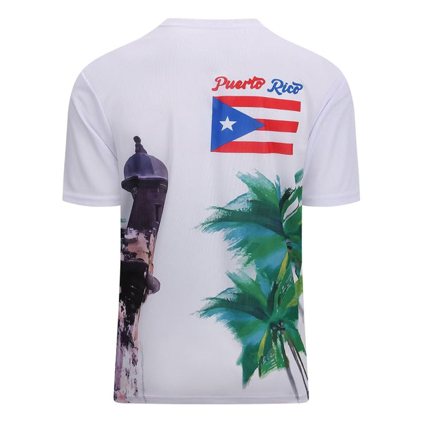 Vibrant white Puerto Rico t-shirt with a historic stone tower, Puerto Rican flag, green palm trees, and "Puerto Rico" text, perfect for showcasing island pride in 2025.