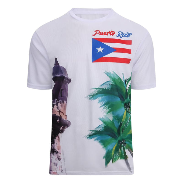 Vibrant white Puerto Rico t-shirt with a historic stone tower, Puerto Rican flag, green palm trees, and "Puerto Rico" text, perfect for showcasing island pride in 2025.