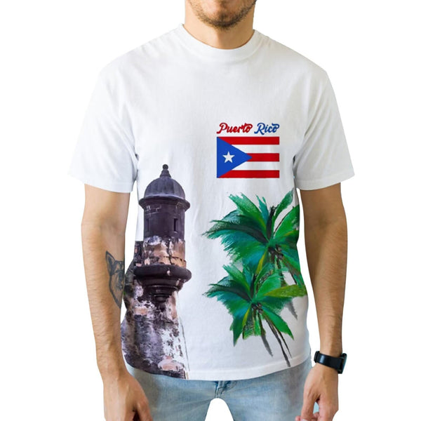 Vibrant white Puerto Rico t-shirt with a historic stone tower, Puerto Rican flag, green palm trees, and "Puerto Rico" text, perfect for showcasing island pride in 2025.