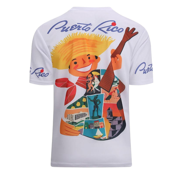 Vibrant white Puerto Rico t-shirt featuring a cheerful figure with a guitar filled with cultural landmarks and "Puerto Rico" text, perfect for celebrating island heritage in 2025.