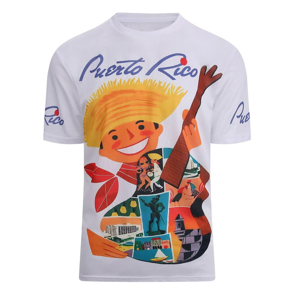 Vibrant white Puerto Rico t-shirt featuring a cheerful figure with a guitar filled with cultural landmarks and "Puerto Rico" text, perfect for celebrating island heritage in 2025.