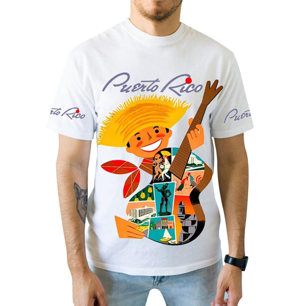 Vibrant white Puerto Rico t-shirt featuring a cheerful figure with a guitar filled with cultural landmarks and "Puerto Rico" text, perfect for celebrating island heritage in 2025.