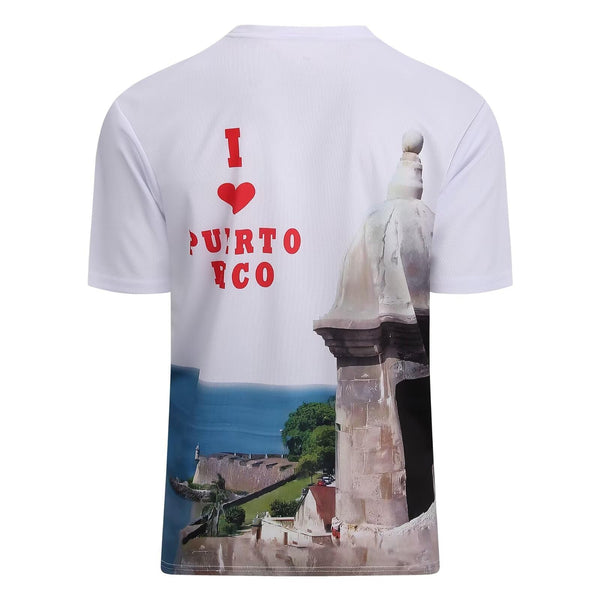 Stylish white Puerto Rico t-shirt with "I ❤️ PUERTO RICO" text and a historic stone tower by the ocean, perfect for expressing island love in 2025.