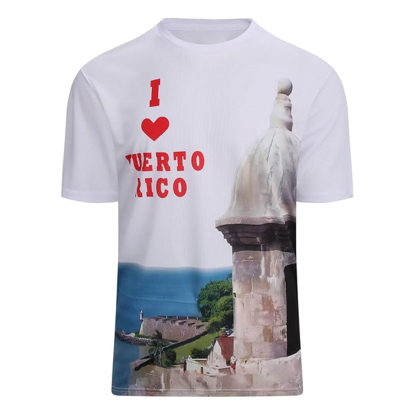 Stylish white Puerto Rico t-shirt with "I ❤️ PUERTO RICO" text and a historic stone tower by the ocean, perfect for expressing island love in 2025.