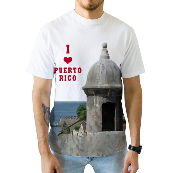 Stylish white Puerto Rico t-shirt with "I ❤️ PUERTO RICO" text and a historic stone tower by the ocean, perfect for expressing island love in 2025.