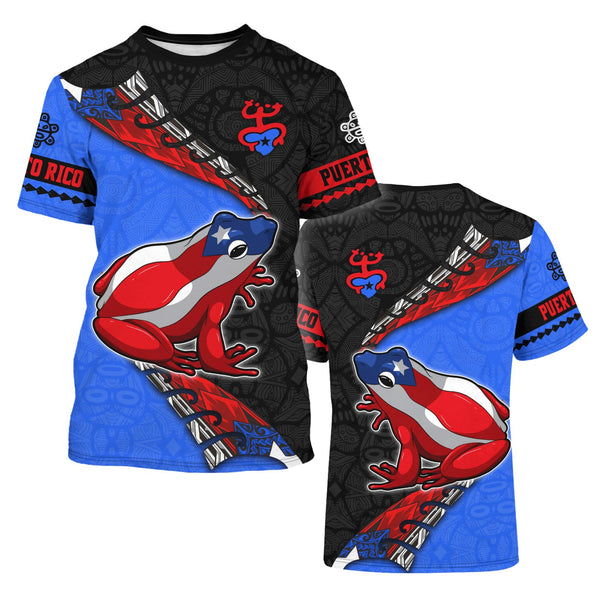 Puerto Rico t-shirt featuring a patriotic design with the Puerto Rican flag, a traditional Taino sun symbol, and intricate cultural patterns, perfect for showcasing pride and style in 2025.