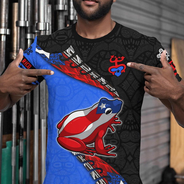 Puerto Rico t-shirt featuring a patriotic design with the Puerto Rican flag, a traditional Taino sun symbol, and intricate cultural patterns, perfect for showcasing pride and style in 2025.