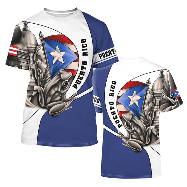 Puerto Rico t-shirt featuring a patriotic design with the Puerto Rican flag, a traditional Taino sun symbol, and intricate cultural patterns, perfect for showcasing pride and style in 2025.