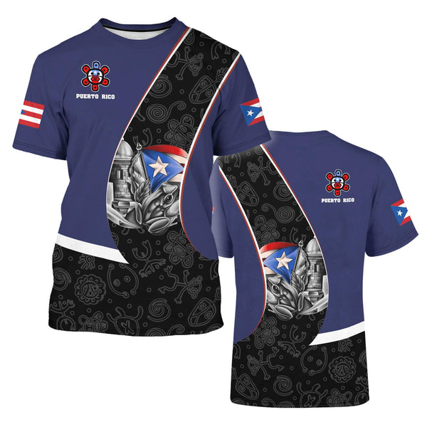 Puerto Rico t-shirt featuring a patriotic design with the Puerto Rican flag, a traditional Taino sun symbol, and intricate cultural patterns, perfect for showcasing pride and style in 2025.