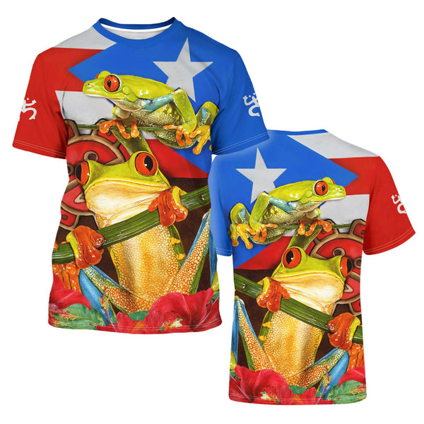 Vibrant Puerto Rico t-shirt featuring a patriotic design with the Puerto Rican flag, a traditional Taino sun symbol, and intricate cultural patterns, perfect for showcasing pride and style in 2025.