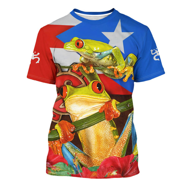 Vibrant Puerto Rico t-shirt featuring a patriotic design with the Puerto Rican flag, a traditional Taino sun symbol, and intricate cultural patterns, perfect for showcasing pride and style in 2025.