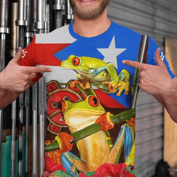 Vibrant Puerto Rico t-shirt featuring a patriotic design with the Puerto Rican flag, a traditional Taino sun symbol, and intricate cultural patterns, perfect for showcasing pride and style in 2025.