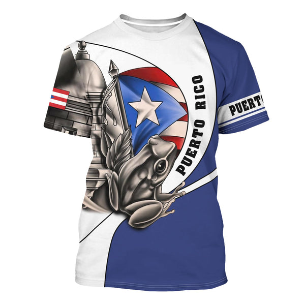 Vibrant Puerto Rico t-shirt featuring a patriotic design with the Puerto Rican flag, a traditional Taino sun symbol, and intricate cultural patterns, perfect for showcasing pride and style in 2025.