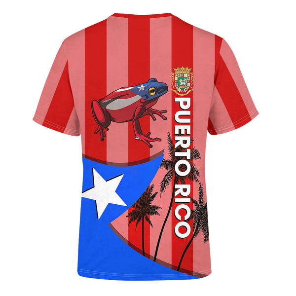 Vibrant Puerto Rico t-shirt featuring a patriotic design with the Puerto Rican flag, a traditional Taino sun symbol, and intricate cultural patterns, perfect for showcasing pride and style in 2025.