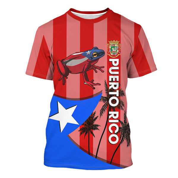 Vibrant Puerto Rico t-shirt featuring a patriotic design with the Puerto Rican flag, a traditional Taino sun symbol, and intricate cultural patterns, perfect for showcasing pride and style in 2025.