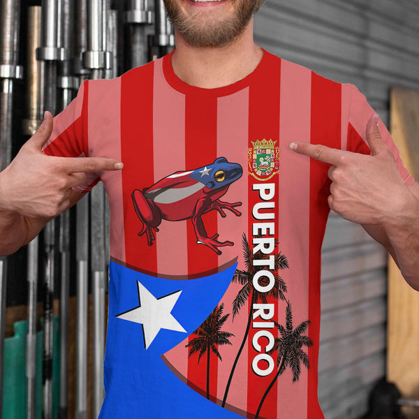 Vibrant Puerto Rico t-shirt featuring a patriotic design with the Puerto Rican flag, a traditional Taino sun symbol, and intricate cultural patterns, perfect for showcasing pride and style in 2025.