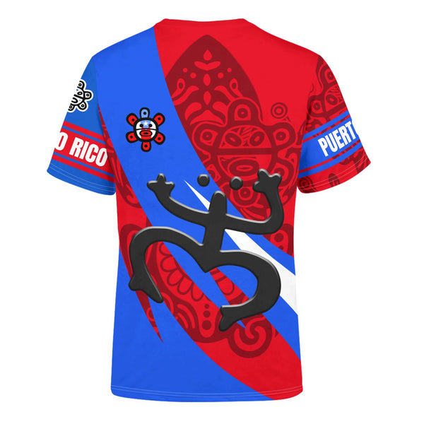 Vibrant Puerto Rico t-shirt featuring a patriotic design with the Puerto Rican flag, a traditional Taino sun symbol, and intricate cultural patterns, perfect for showcasing pride and style in 2025.