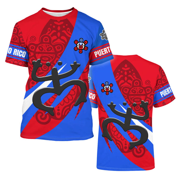 Vibrant Puerto Rico t-shirt featuring a patriotic design with the Puerto Rican flag, a traditional Taino sun symbol, and intricate cultural patterns, perfect for showcasing pride and style in 2025.