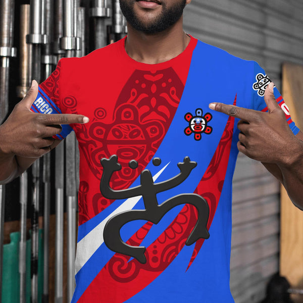 Vibrant Puerto Rico t-shirt featuring a patriotic design with the Puerto Rican flag, a traditional Taino sun symbol, and intricate cultural patterns, perfect for showcasing pride and style in 2025.