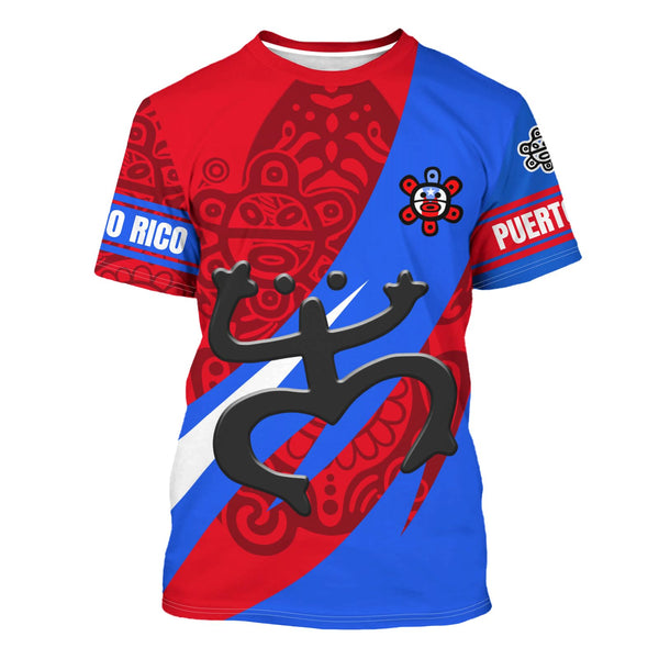Vibrant Puerto Rico t-shirt featuring a patriotic design with the Puerto Rican flag, a traditional Taino sun symbol, and intricate cultural patterns, perfect for showcasing pride and style in 2025.