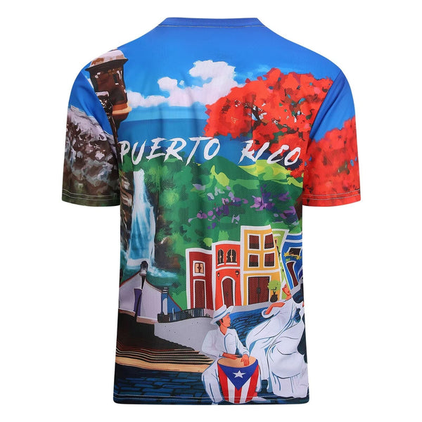 Vibrant Puerto Rico t-shirt with a scenic landscape featuring a waterfall, red tree, ocean, colorful buildings, and traditional figures with a drum, perfect for celebrating island culture in 2025.