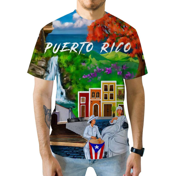 Vibrant Puerto Rico t-shirt with a scenic landscape featuring a waterfall, red tree, ocean, colorful buildings, and traditional figures with a drum, perfect for celebrating island culture in 2025.