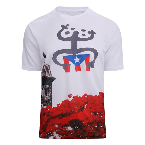 Stylish white Puerto Rico t-shirt with a Taino figure, "PR" with the Puerto Rican flag, a historic stone tower, and a red flowering tree, ideal for celebrating island heritage in 2025.