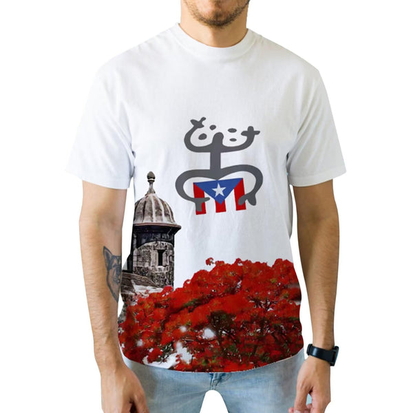 Stylish white Puerto Rico t-shirt with a Taino figure, historic stone tower, and vibrant red flowering tree, perfect for celebrating island heritage in 2025.