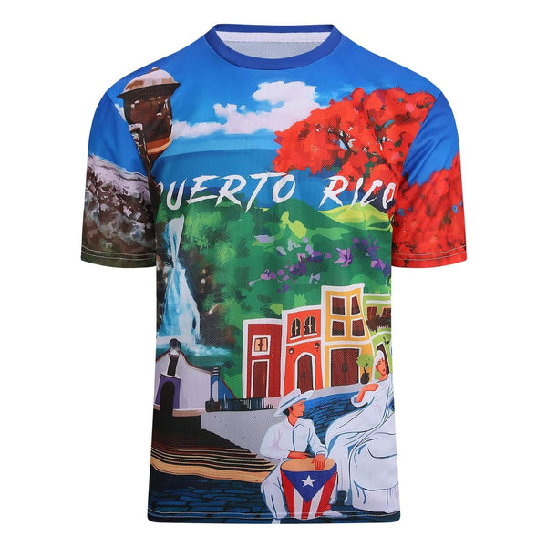 Vibrant Puerto Rico t-shirt with a colorful landscape featuring a waterfall, red flowering tree, traditional figures with a drum, and "PUERTO RICO" text, perfect for showcasing island culture in 2025.