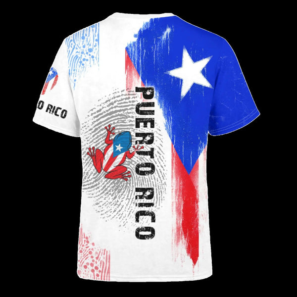 a white t-shirt with a design that includes the Puerto Rican flag and the text 'Puerto Rico'.