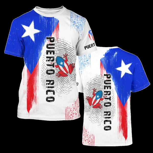 a white t-shirt with a design that includes the Puerto Rican flag and the text 'Puerto Rico'.