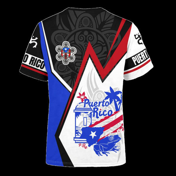 a black t-shirt with a design that includes the Puerto Rican flag and the text 'Puerto Rico'.