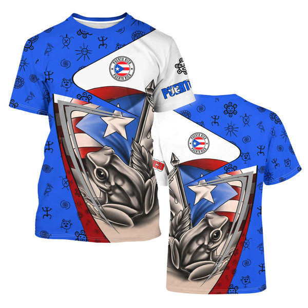 a white and blue t-shirt with a design that includes the Puerto Rican flag and the text 'Puerto Rico'.