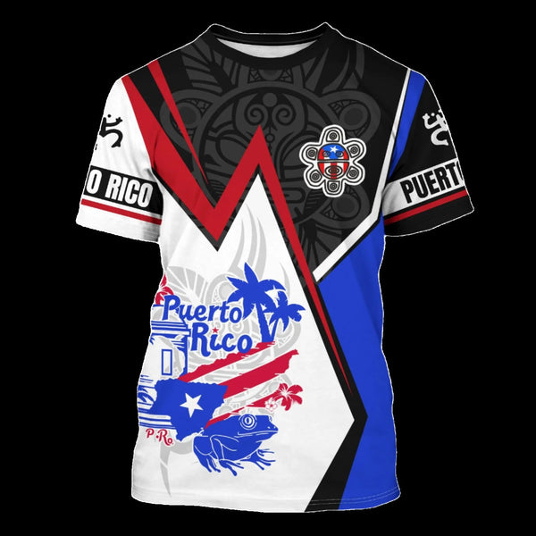 a black t-shirt with a design that includes the Puerto Rican flag and the text 'Puerto Rico'.