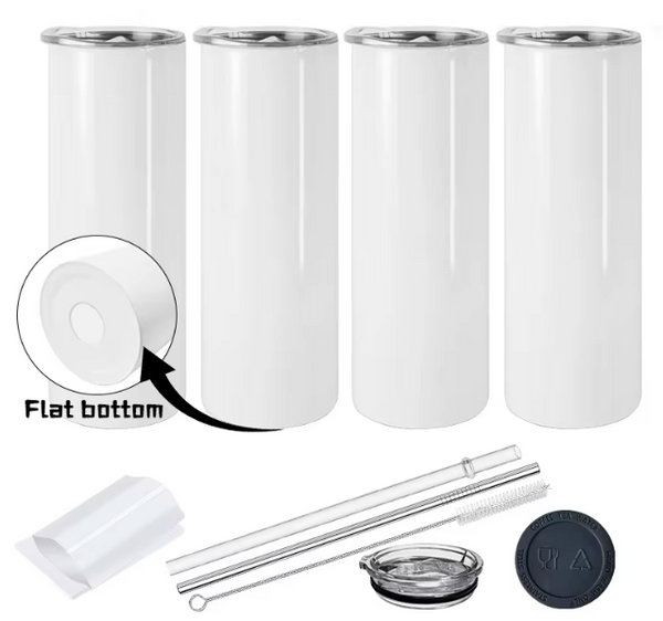 A set of two 20oz white sublimation tumblers with accessories, including two lids, two stainless steel straws, and a black rubber seal, all arranged on a white background.