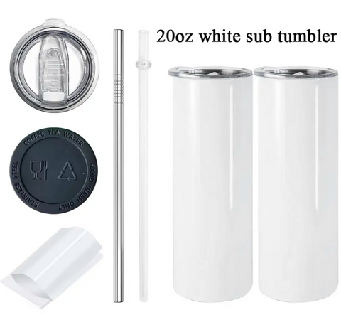 A set of white 20 oz sublimation tumblers with accessories including a slide lid, stainless steel straw, plastic straw, and a cleaning brush.