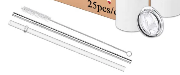 A set of two 20oz white sublimation tumblers with accessories, including two lids, two stainless steel straws, and a black rubber seal, all arranged on a white background.
