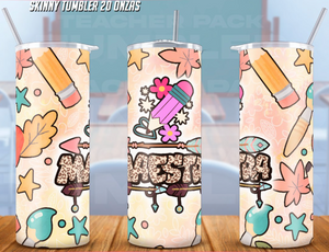 A set of three 20 oz stainless steel tumblers with colorful designs, including pencils, flowers, and text, intended for teachers.